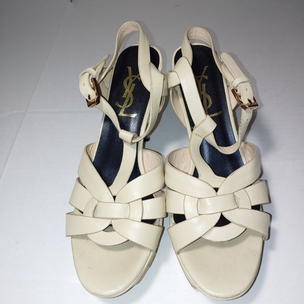SAINT LAURENT Tribute Platform Sandals in Smooth Leather Cream Size 39 - Picture 3 of 15